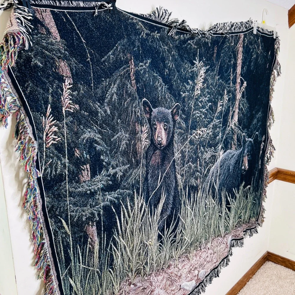 80s R.S. Parker Black Bear Tapestry Blanket 62x49 forest cabin art decor vintage